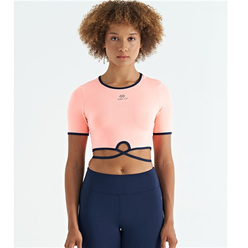 97266 Baby's Mouth Waist Tie Detail O Neck Standard Pattern Diving Fabric Women's Crop T-Shirt