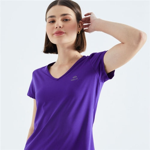 97145 Dark Purple Basic Short Sleeve Standard Pattern V Neck Women's T-Shirt