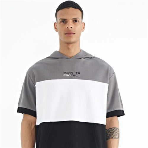 88191 Black Hooded Printed Detail Oversize Men's T-shirt