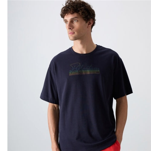 88334 Navy Blue Cotton Thick Soft Texture Oversize Fit Printed Men's T-Shirt