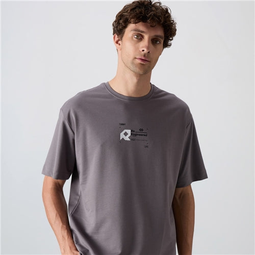 88350 Dark Gray Cotton Thick Soft Texture Oversize Fit Printed Men's T-Shirt